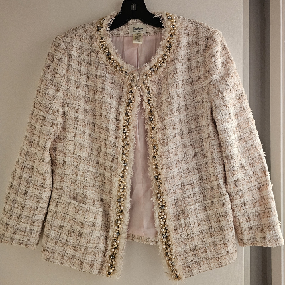 Neiman Marcus Women's Beige Tweed Blazer with Pearl Trim